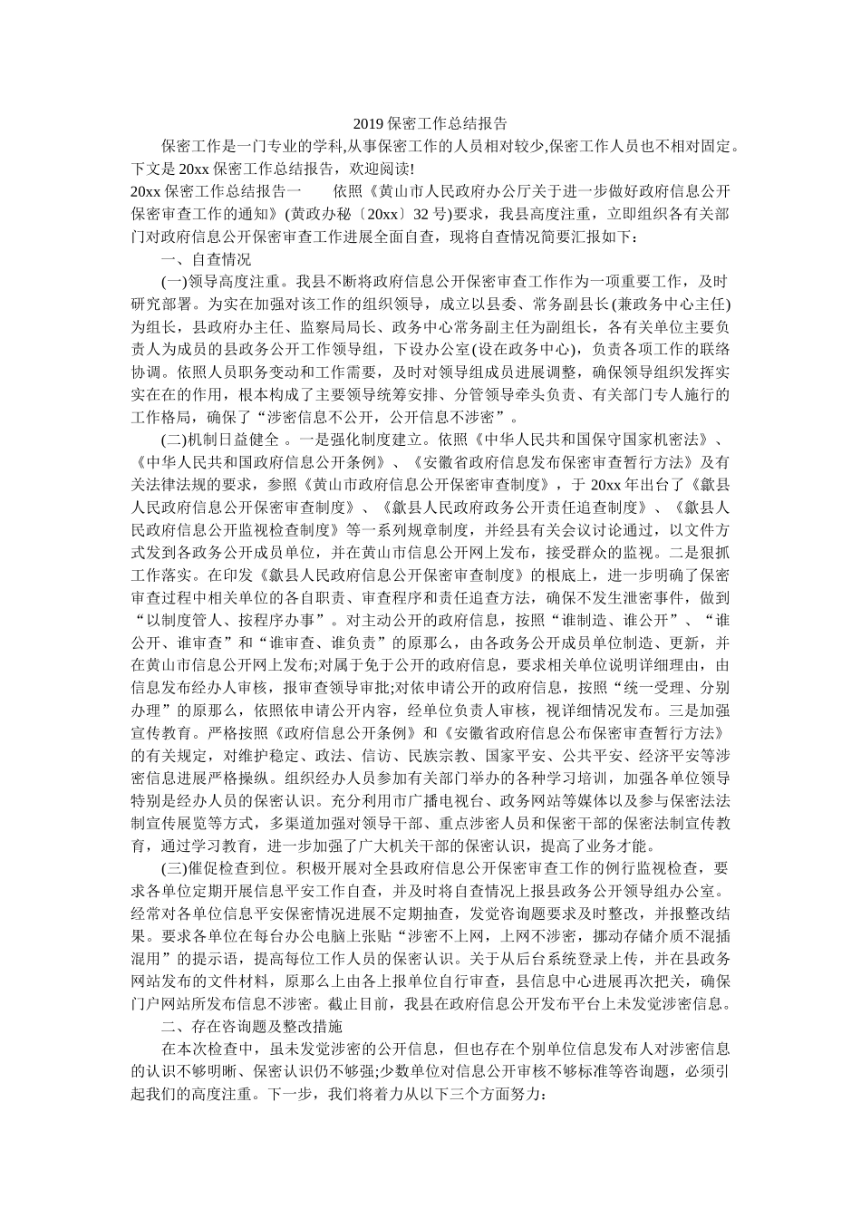 2019保密工作总结报告参考 _第1页