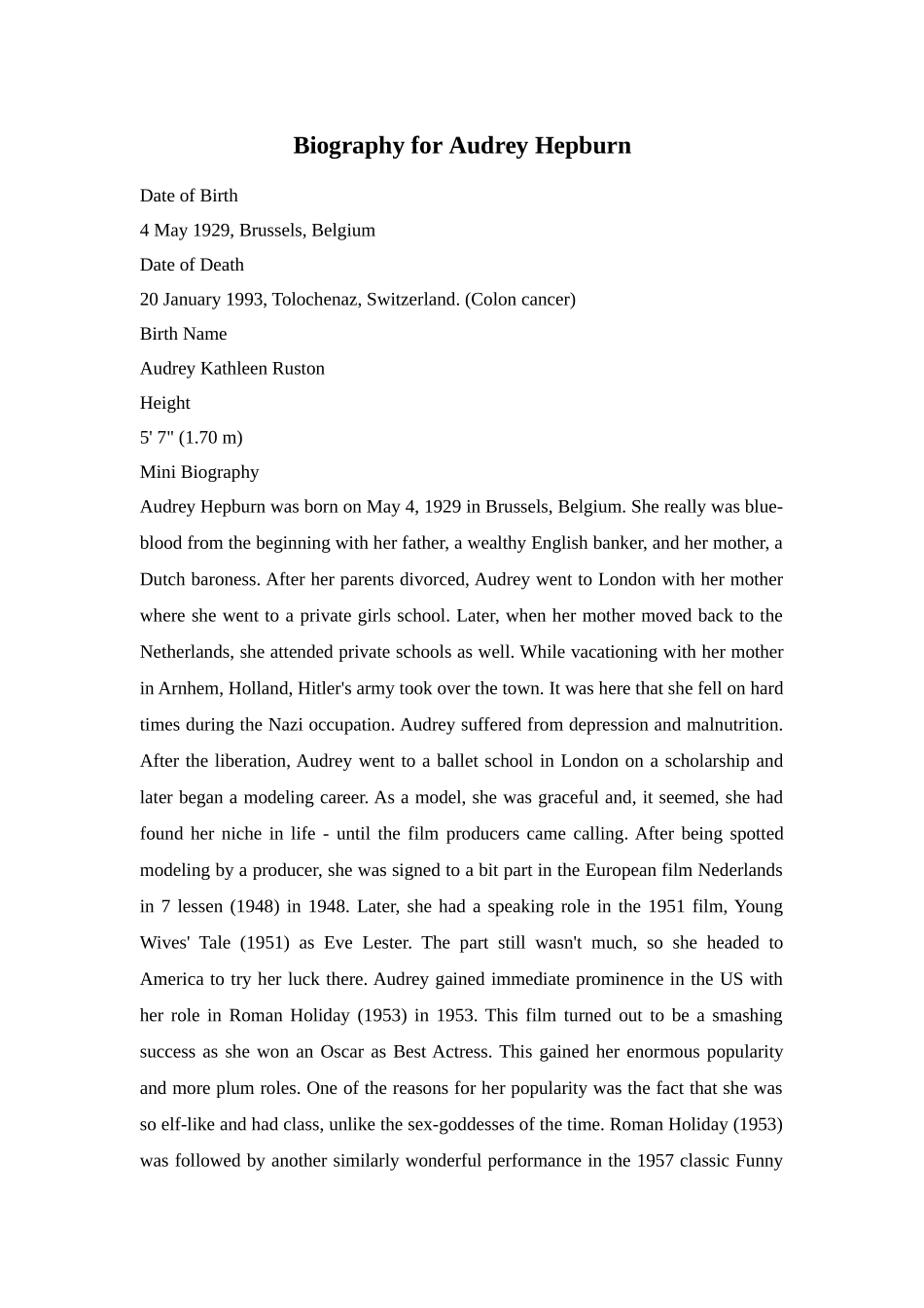 biography for audrey hepburndoc--初中英语 _第1页