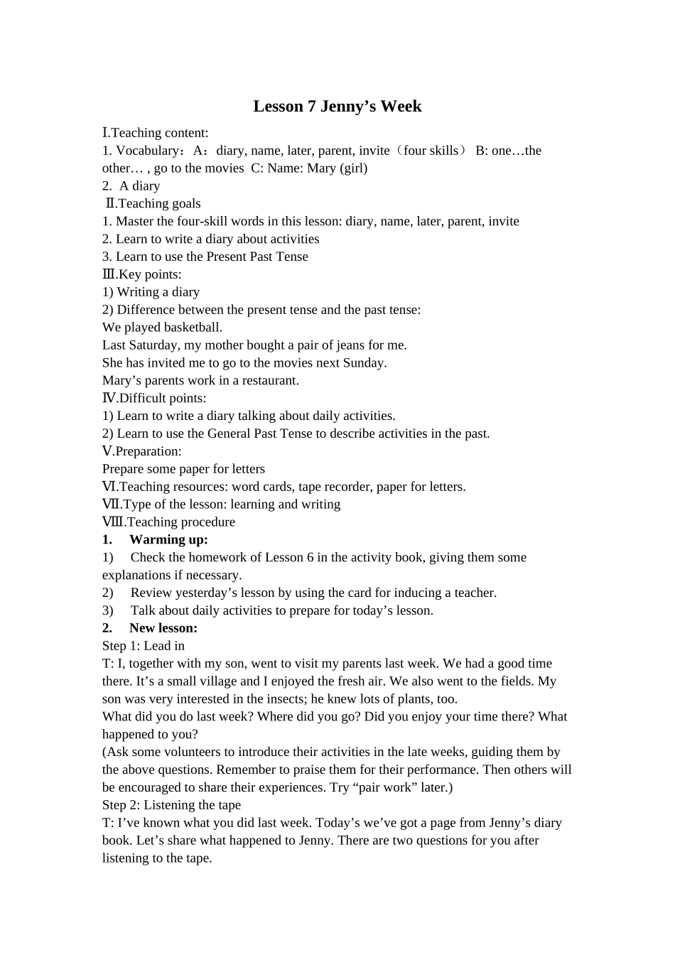 unit 1《me and my class》lesson 7 jenny’s week教案（冀教版八年级上）doc--初中英语 _第1页