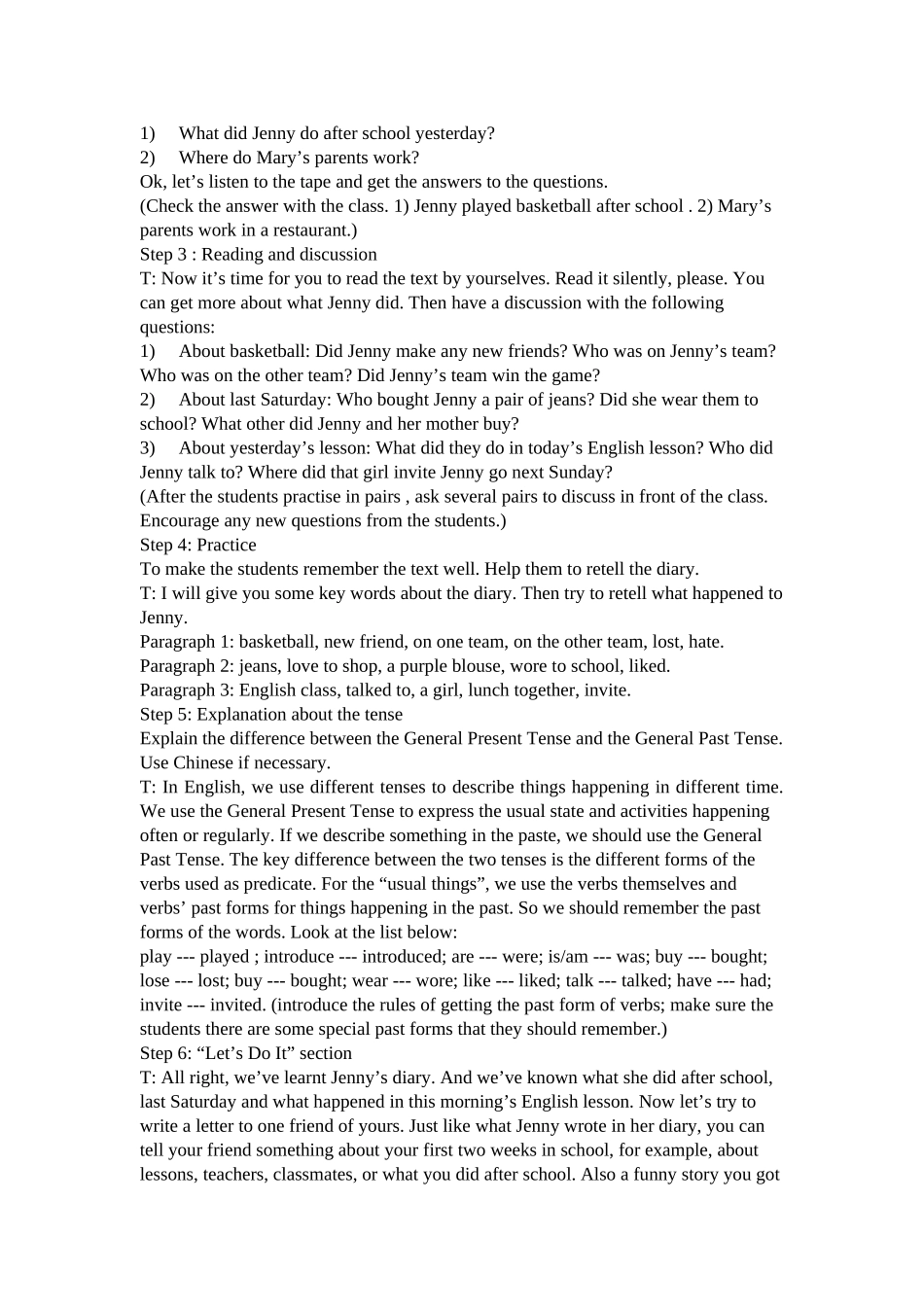 unit 1《me and my class》lesson 7 jenny’s week教案（冀教版八年级上）doc--初中英语 _第2页