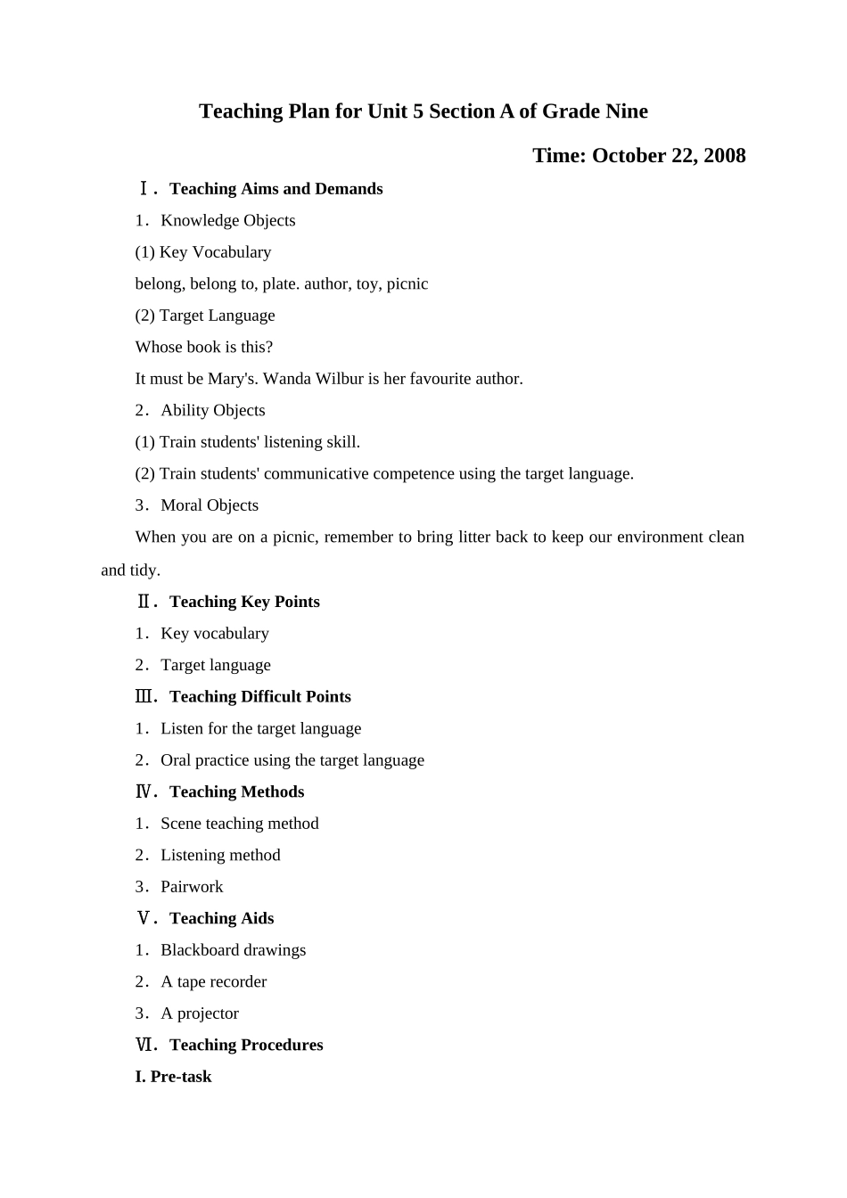 teaching plan for unit 5 section a of grade ninedoc--初中英语 _第1页