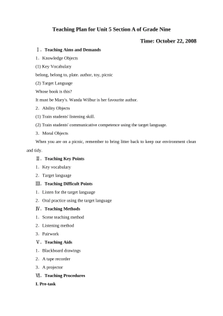 teaching plan for unit 5 section a of grade ninedoc--初中英语 
