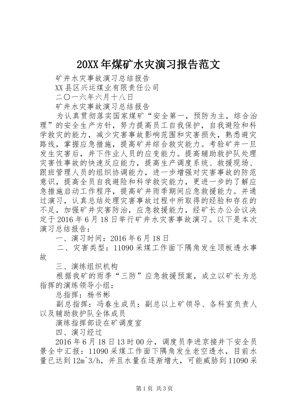 20XX年煤矿水灾演习报告范文_第1页