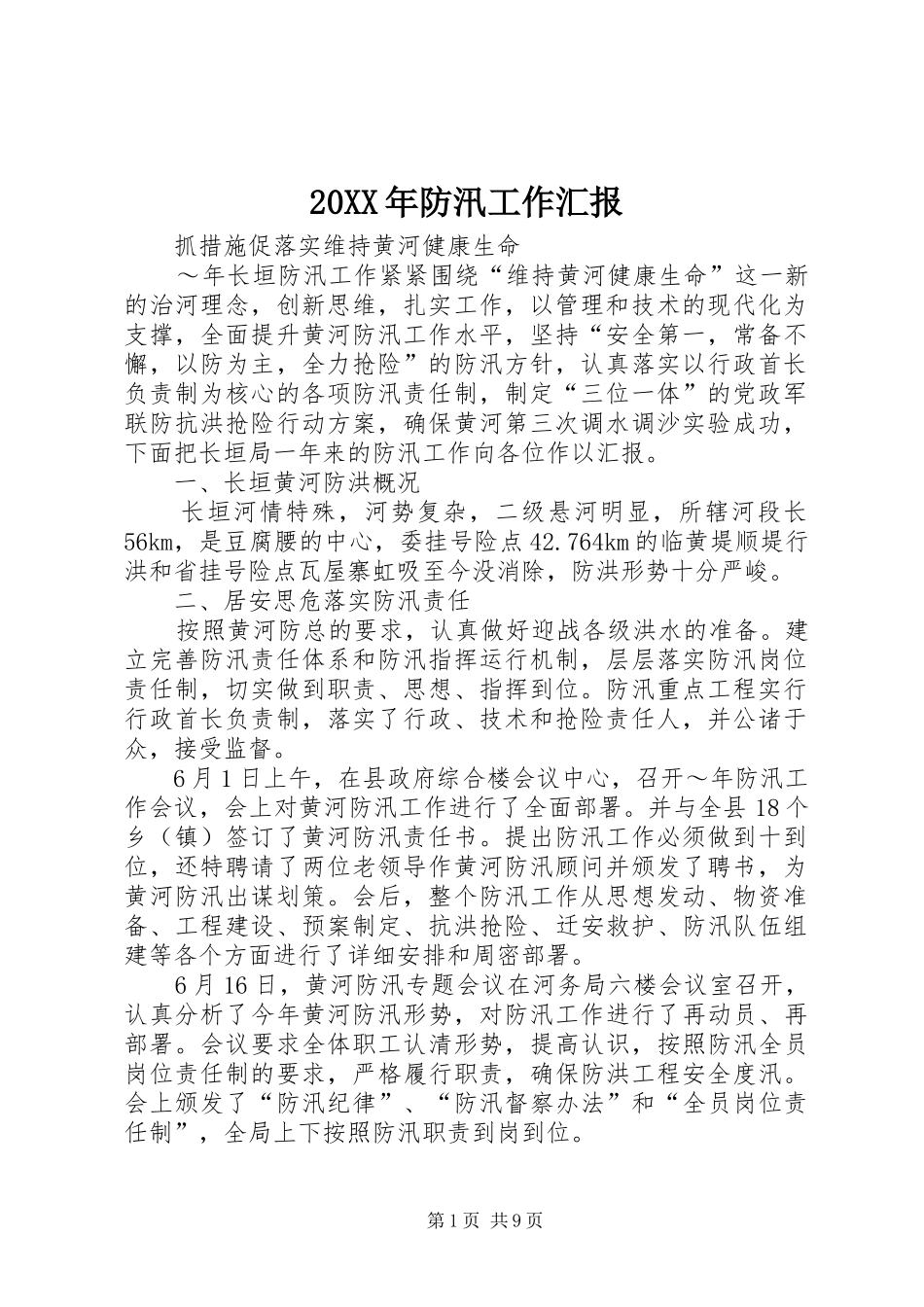 20XX年防汛工作汇报_第1页