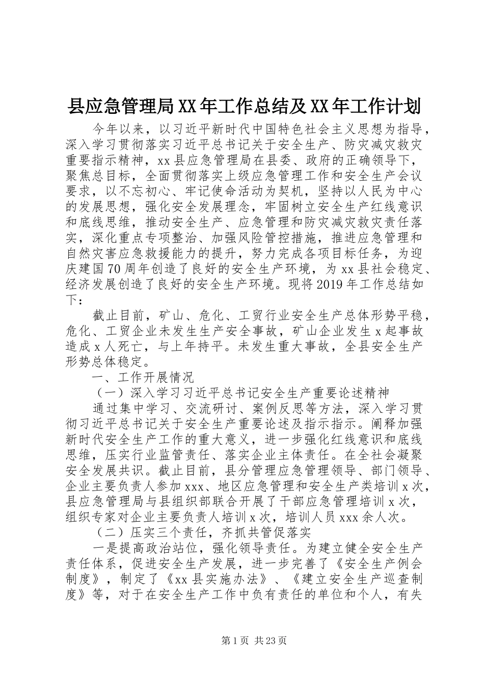 县应急管理局XX年工作总结及XX年工作计划_第1页