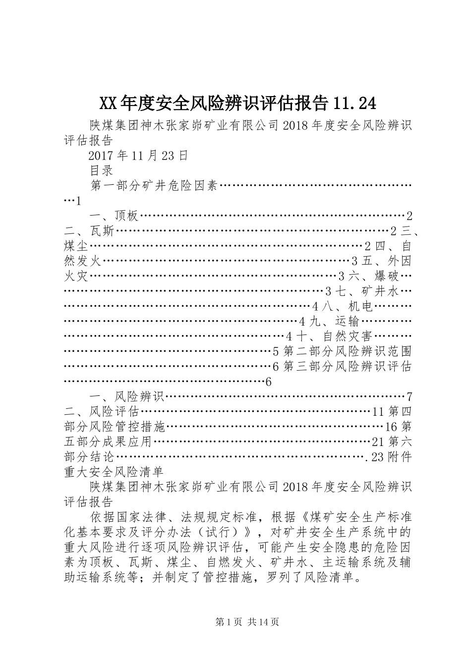 XX年度安全风险辨识评估报告11.24_第1页