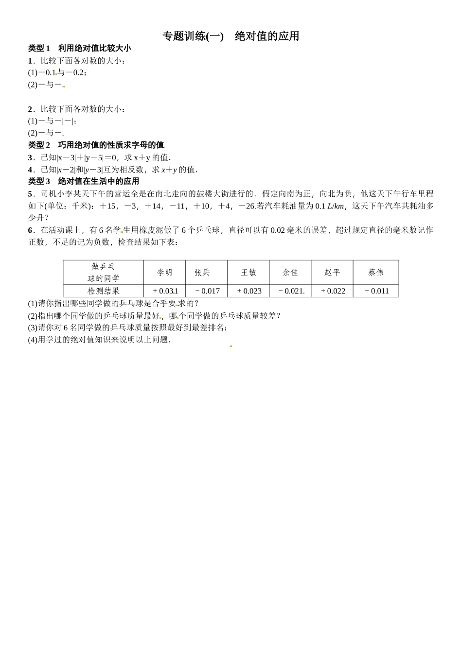2016北师大版七年级数学上册专题训练题及答案 _第1页