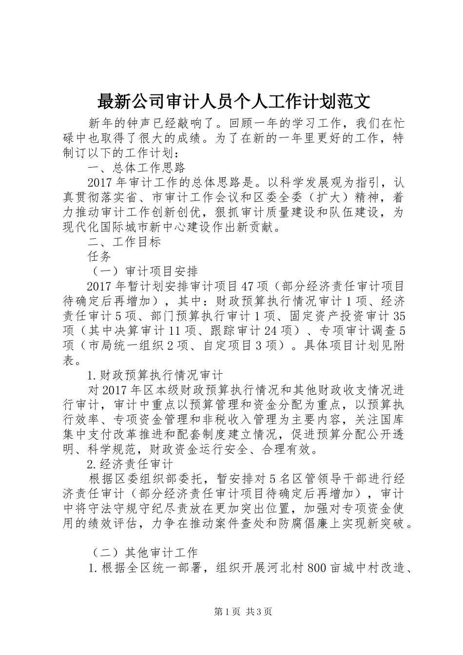 最新公司审计人员个人工作计划范文_第1页