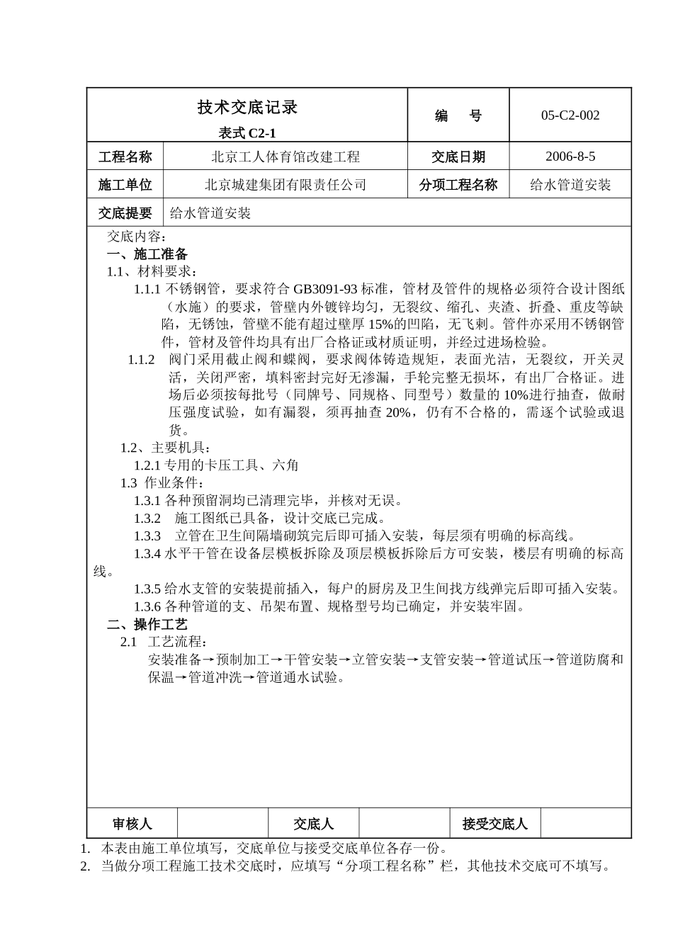 技术交底记录给水管安装_第1页