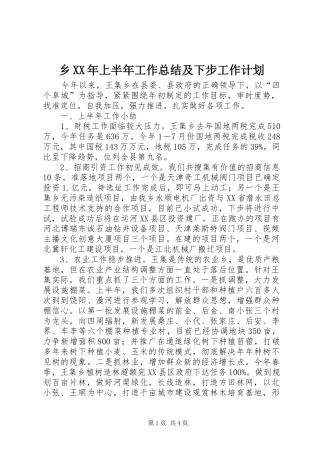 乡XX年上半年工作总结及下步工作计划