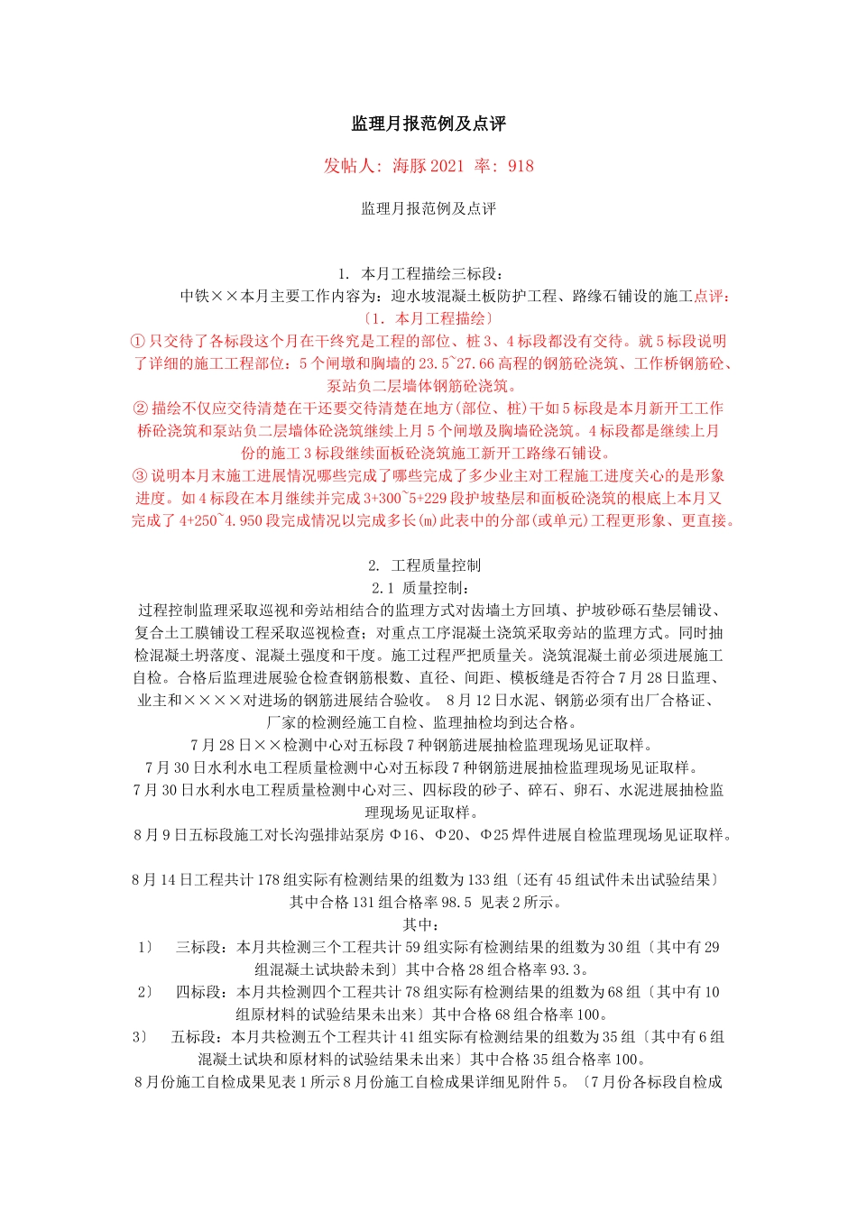 监理月报范例及点评_第1页