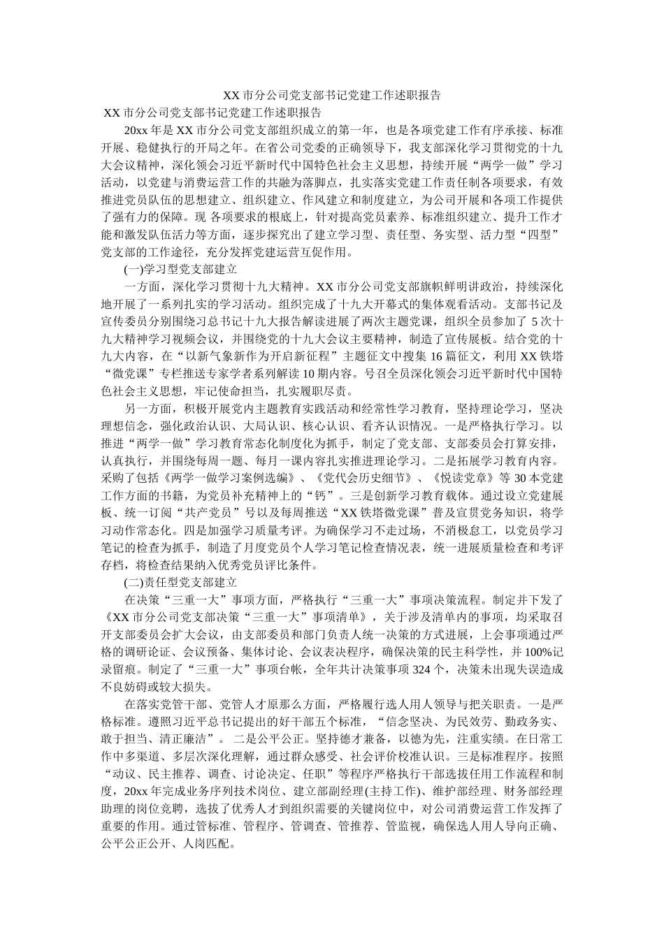 市分公司党支部书记党建工作述职报告 _第1页