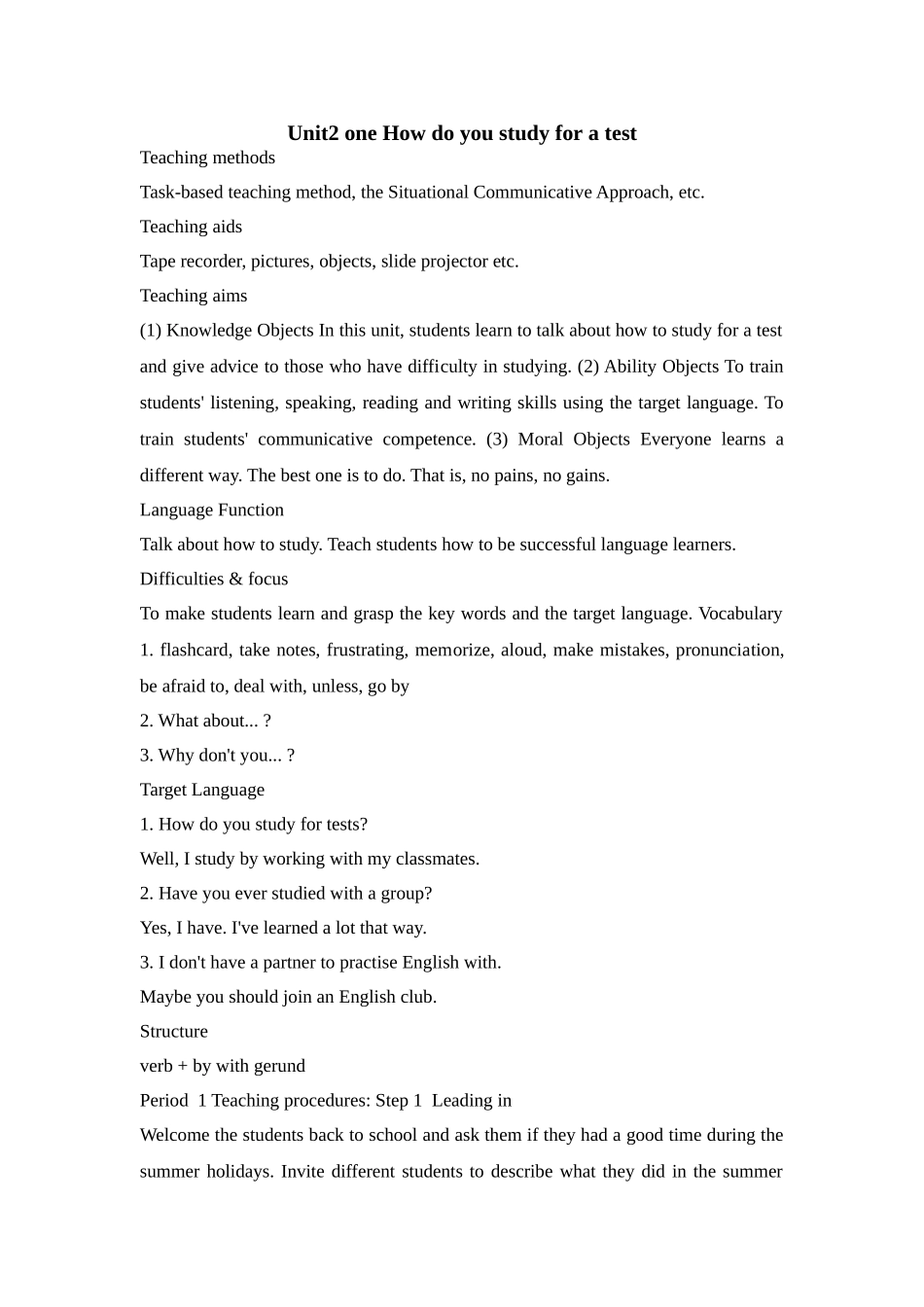 unit 2 one how do you study for a test 教案（鲁教版八年级下） (7)doc--初中英语 _第1页