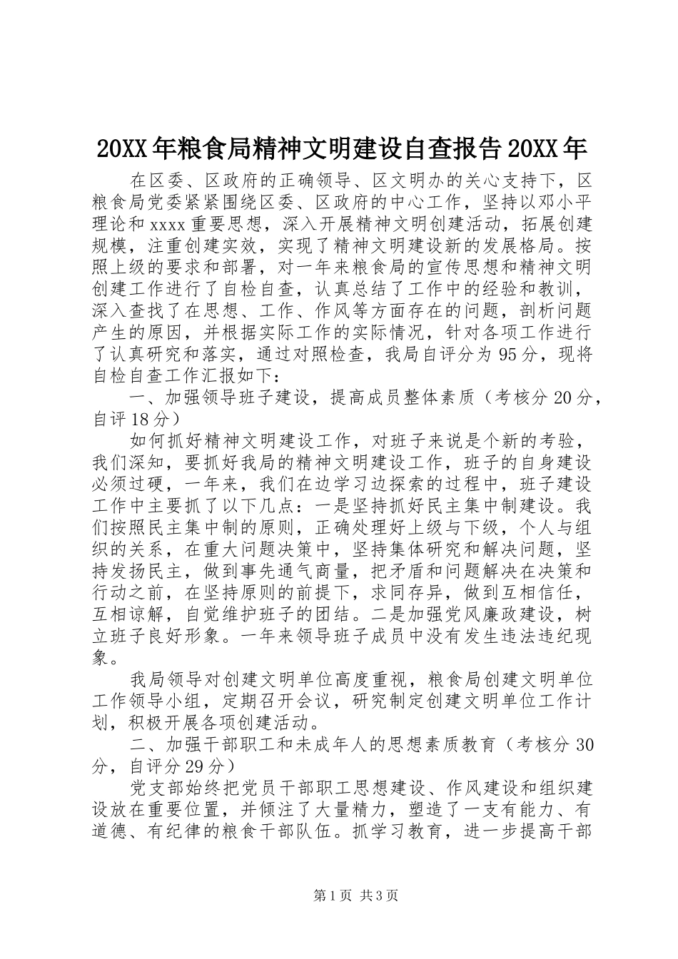 20XX年粮食局精神文明建设自查报告20XX年 _第1页