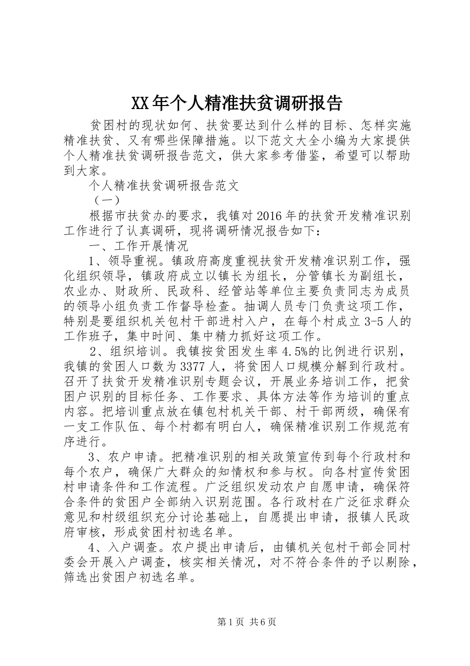 XX年个人精准扶贫调研报告 _第1页