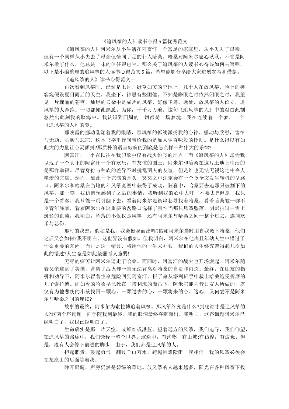 《追风筝的人》读书心得5篇优秀范文 _第1页