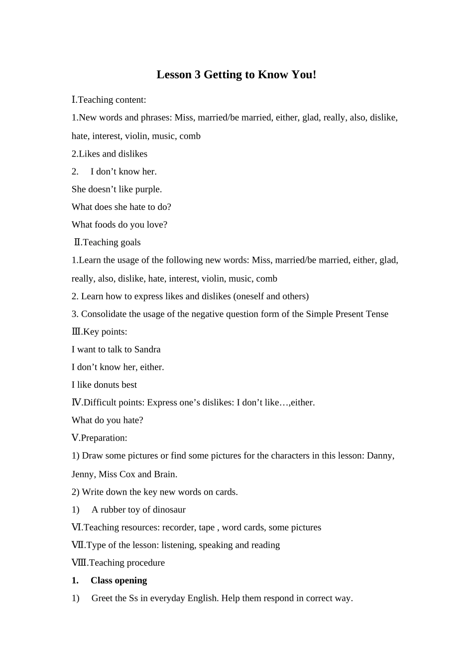 unit 1《me and my class》lesson 3 getting to know you!教案（冀教版八年级上）doc--初中英语 _第1页