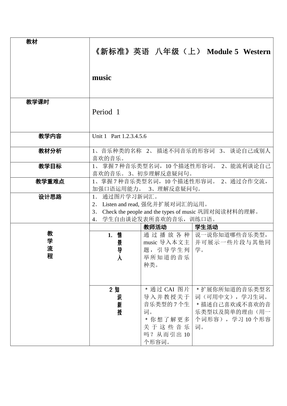 module 5《western music》全模块教案（外研版八年级上）doc--初中英语 _第1页