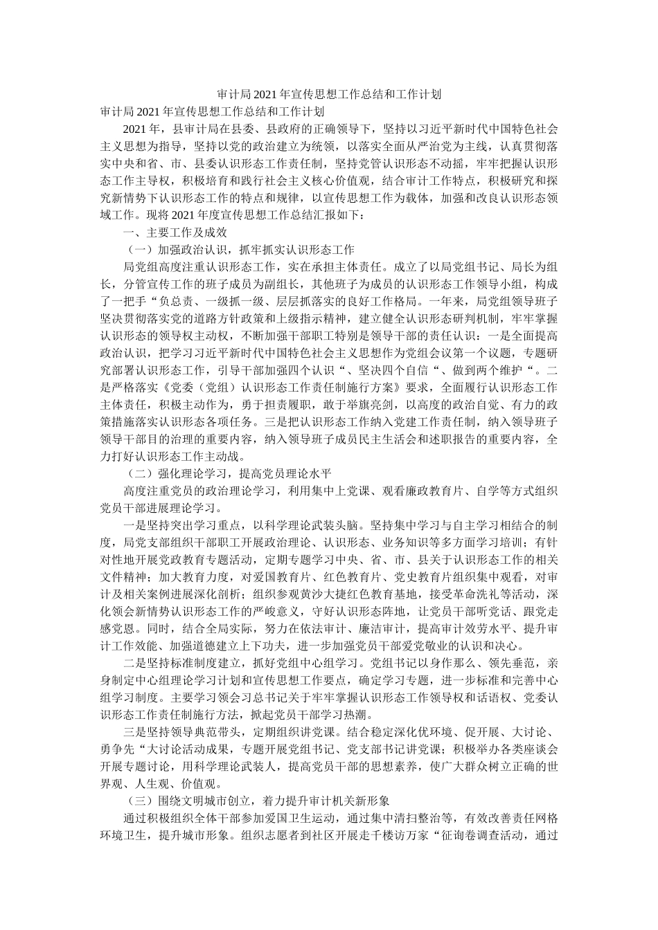 审计局2021年宣传思想工作总结和工作打算 _第1页