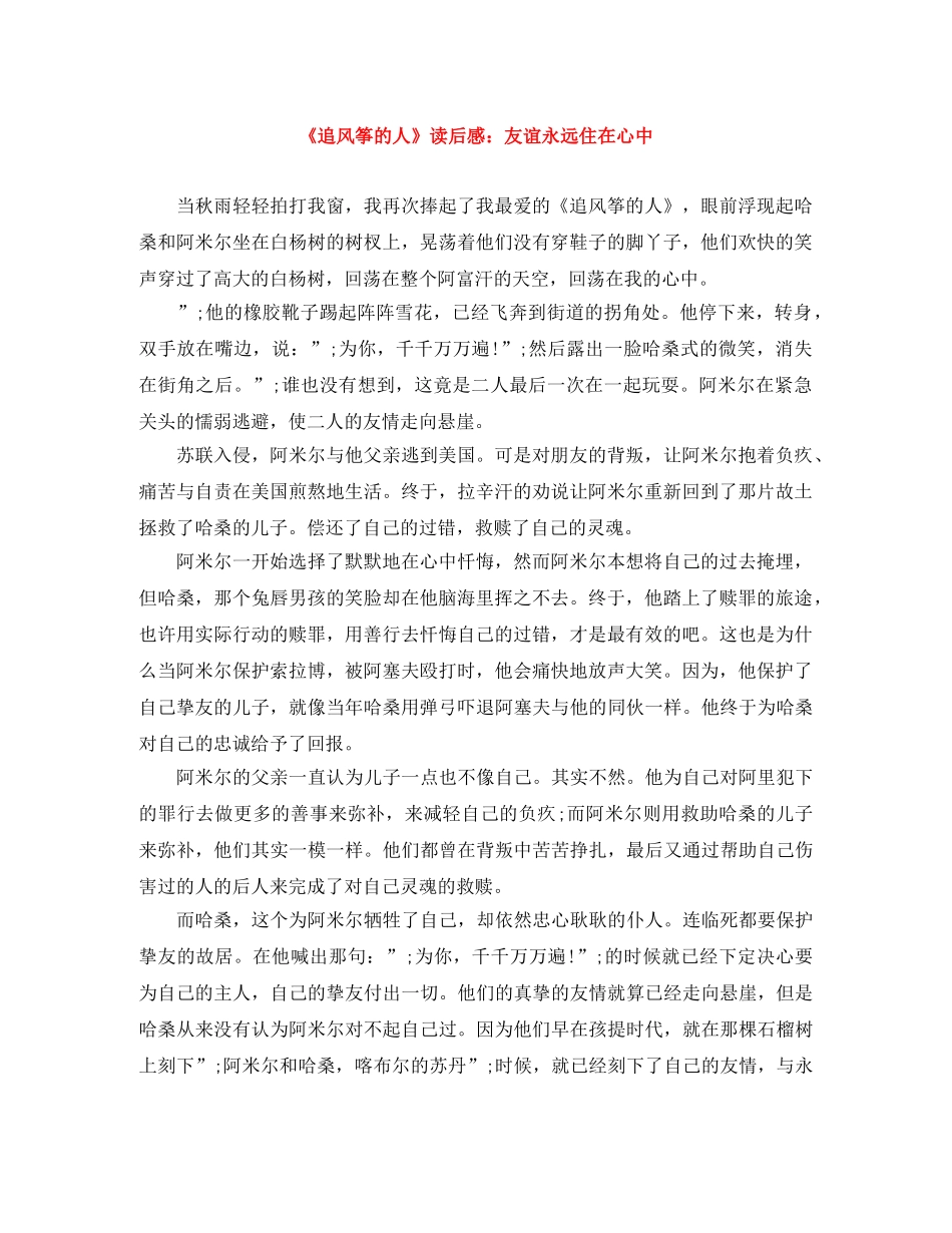 《追风筝的人》读后感友谊永远住在心中 _第1页