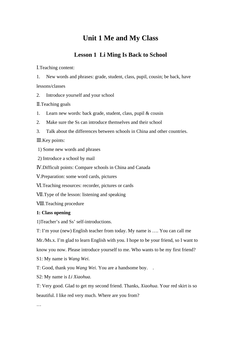 unit 1《me and my class》lesson 1 li ming is back to schoo教案（冀教版八年级上）doc--初中英语 _第1页