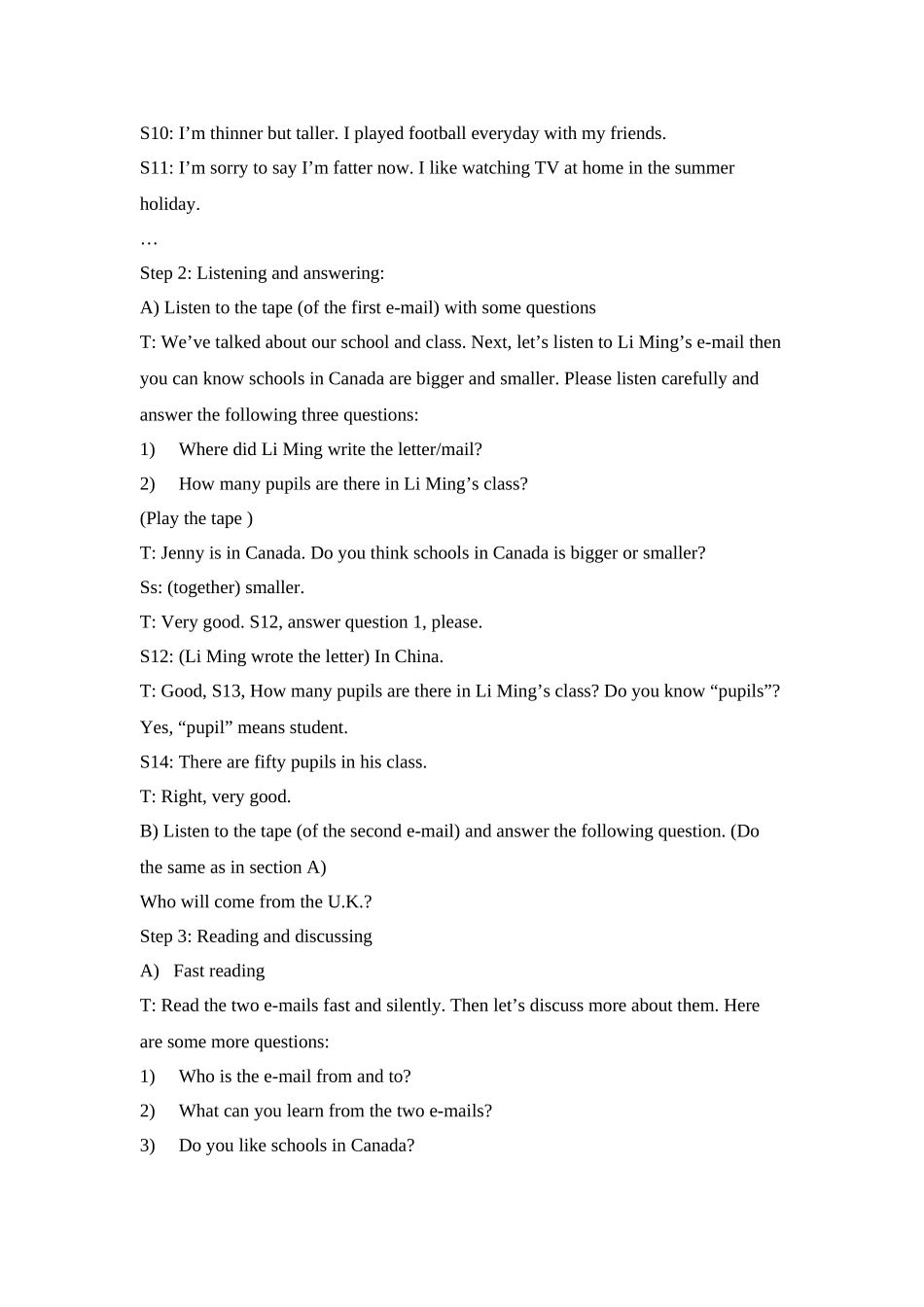 unit 1《me and my class》lesson 1 li ming is back to schoo教案（冀教版八年级上）doc--初中英语 _第3页