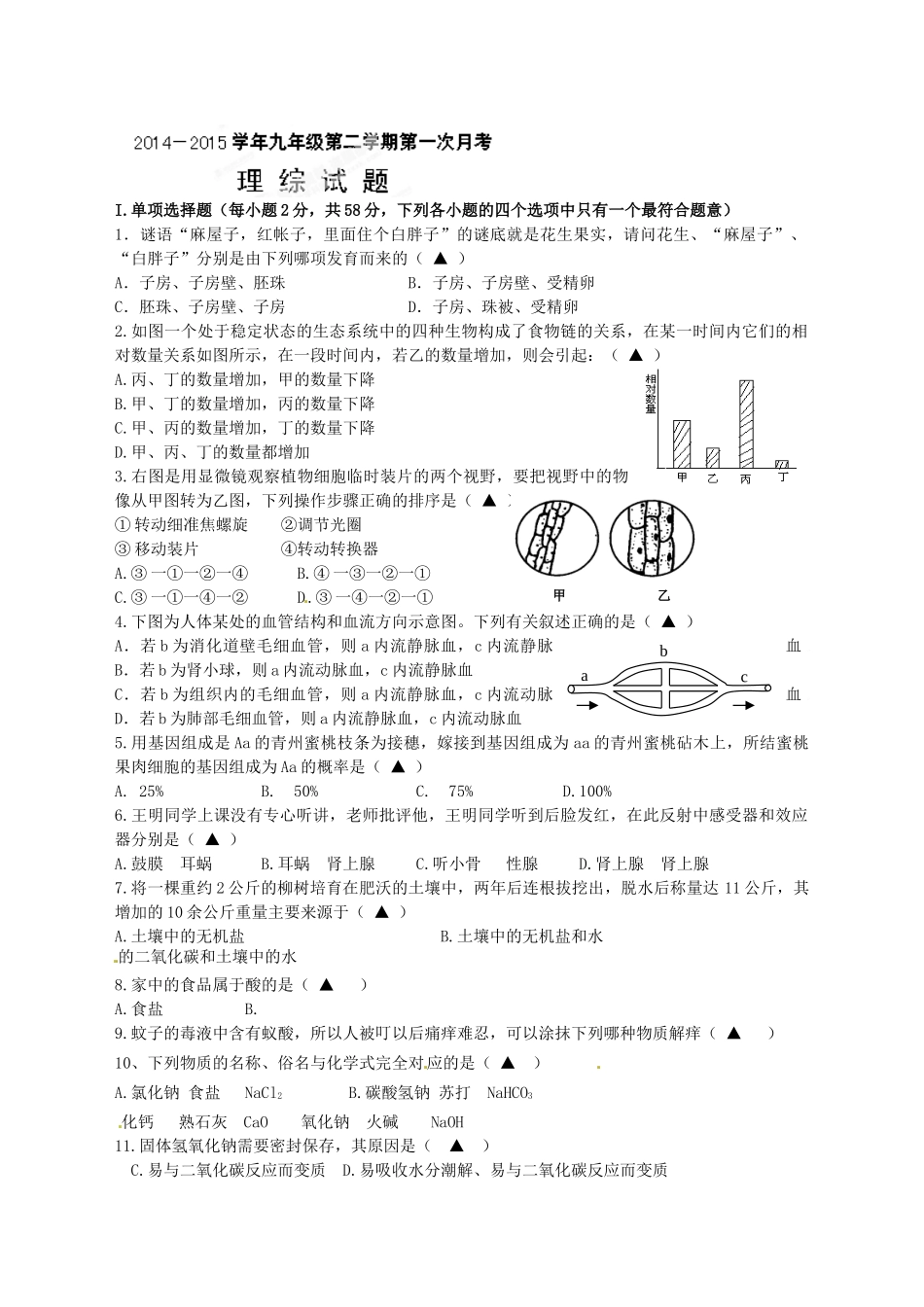 十堰市茅箭区2015年初三理科综合下学期第一次月考试题及答案 _第1页