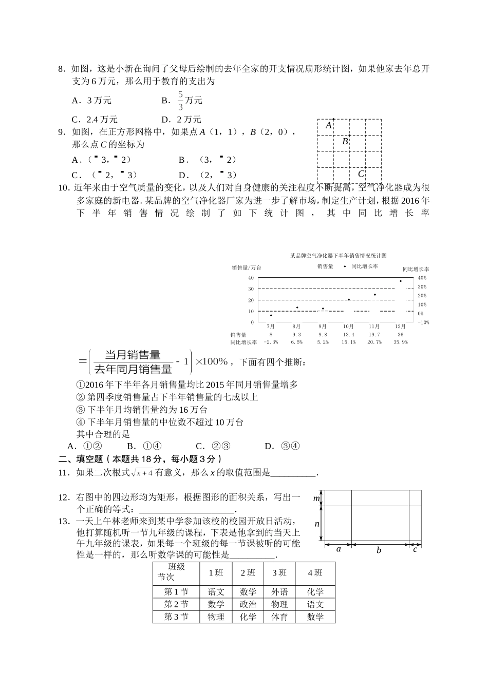 2017年丰台区初三一模数学试题及答案 _第2页