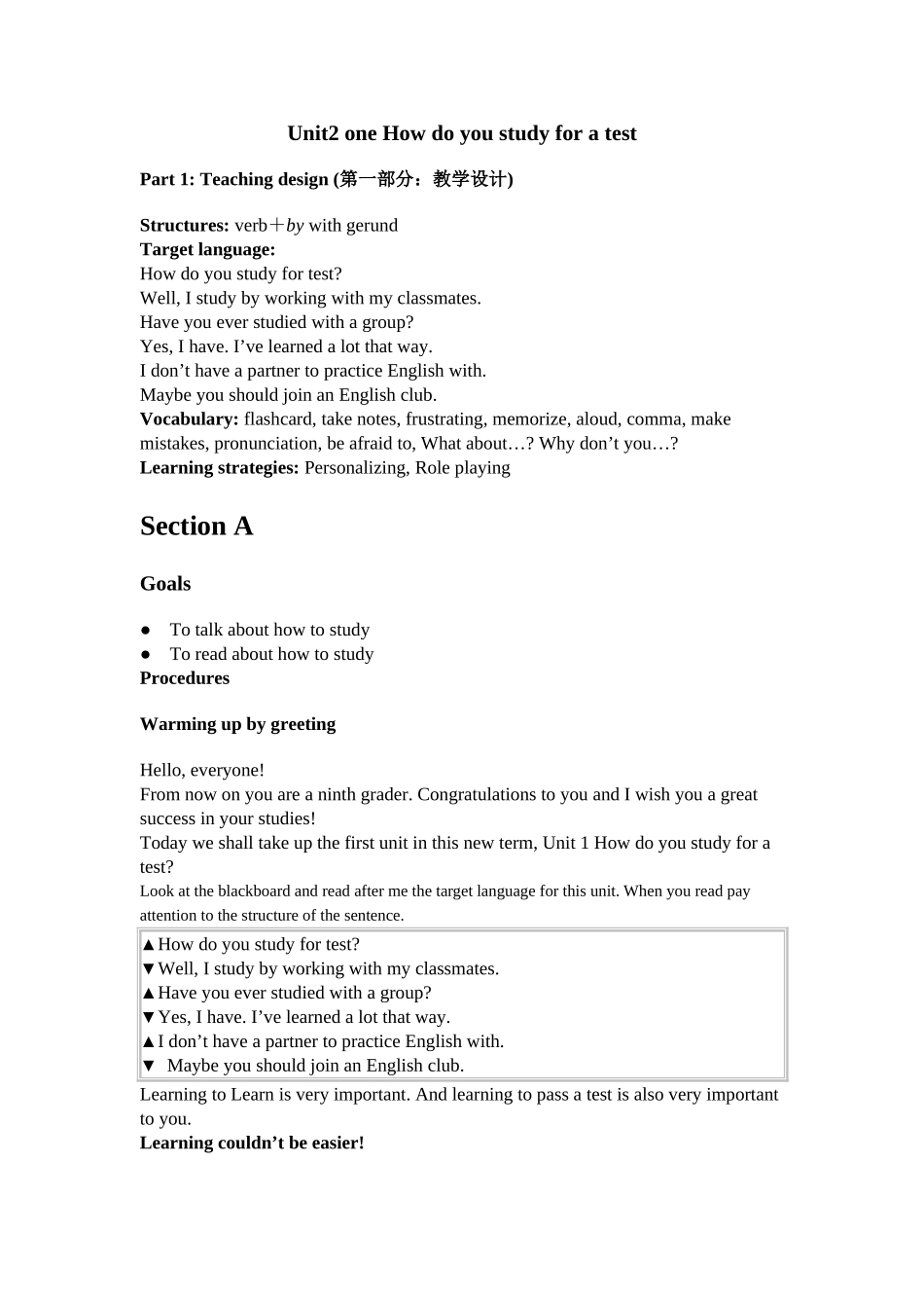 unit 2 one how do you study for a test 教案（鲁教版八年级下） (4)doc--初中英语 _第1页
