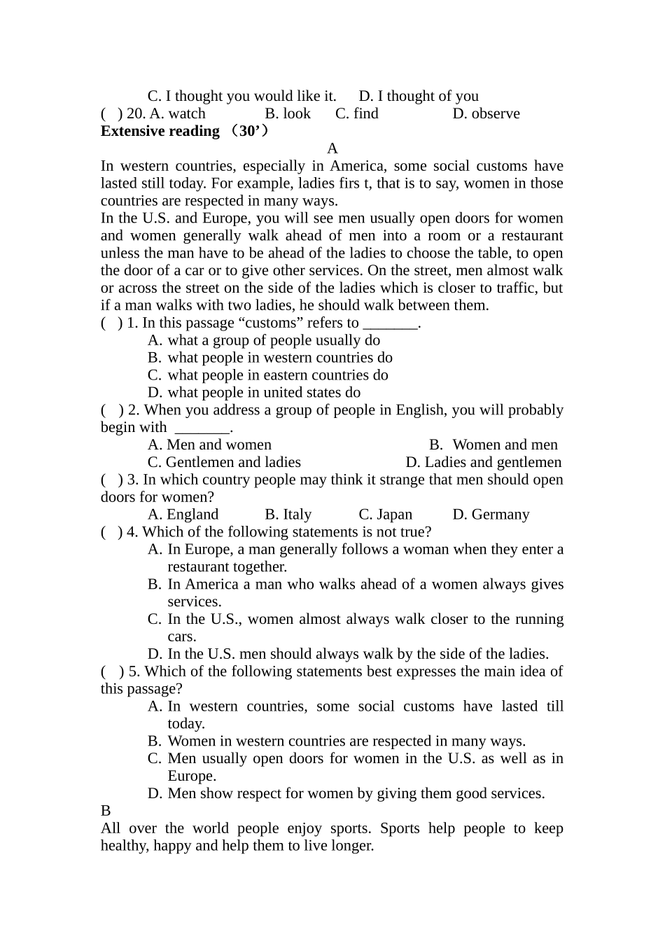 unit 12 you’re supposed to shake hands 单元测试1（无答案）（人教新目标九年级）doc--初中英语 _第3页