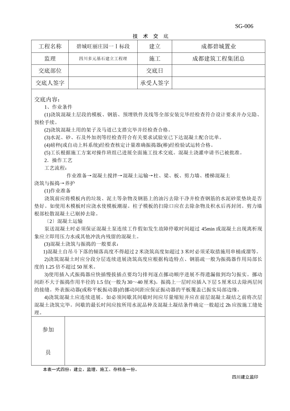 碧城旺丽庄园一期工程浇筑混凝土技术交底_第1页