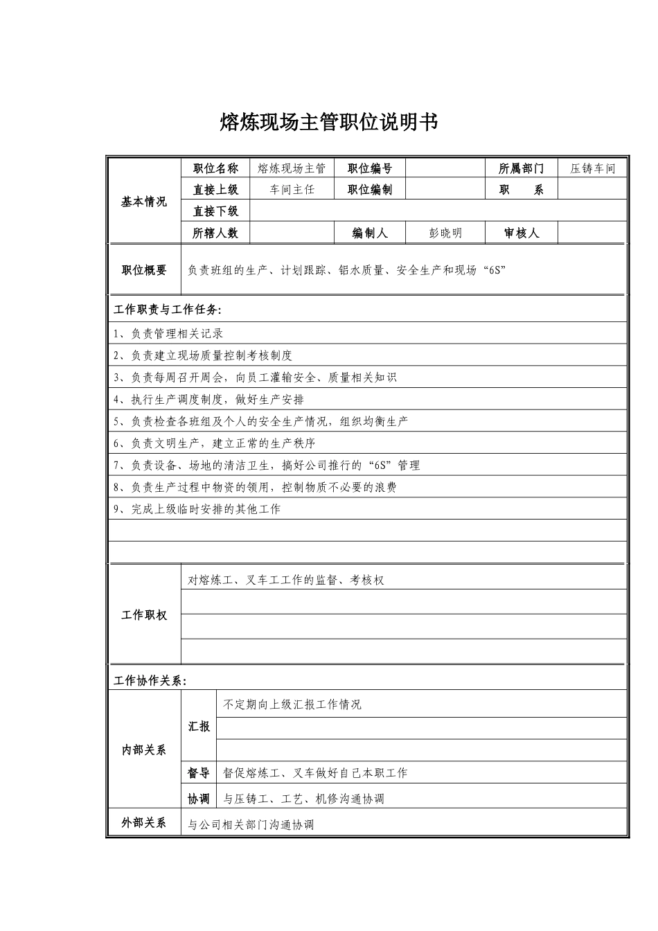 熔炼现场主管岗位职责说明_第1页
