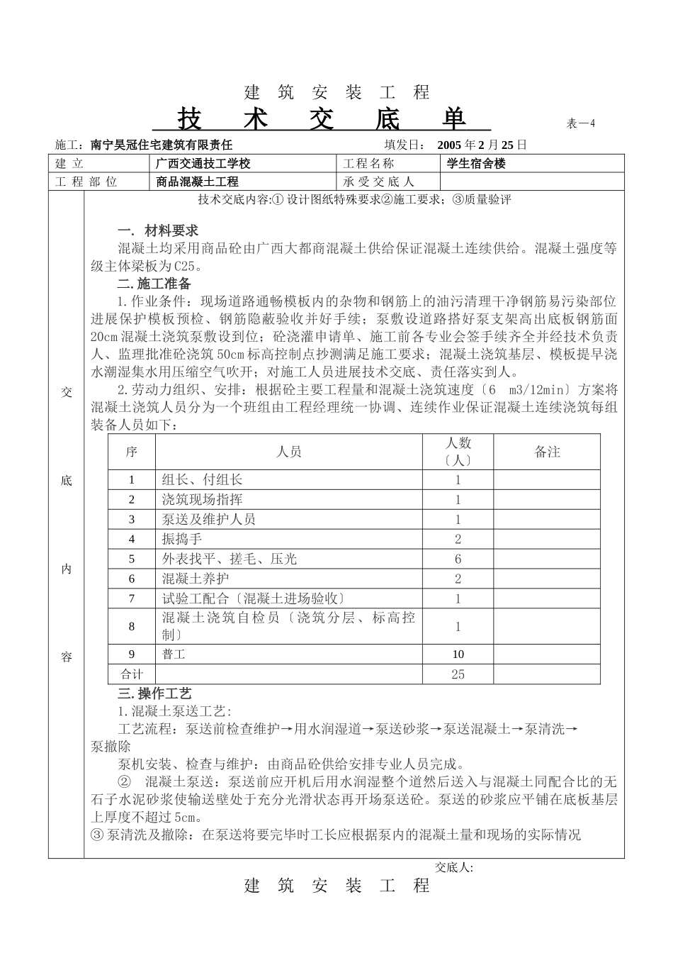 某学生宿舍楼商品混凝土工程技术交底单_第1页