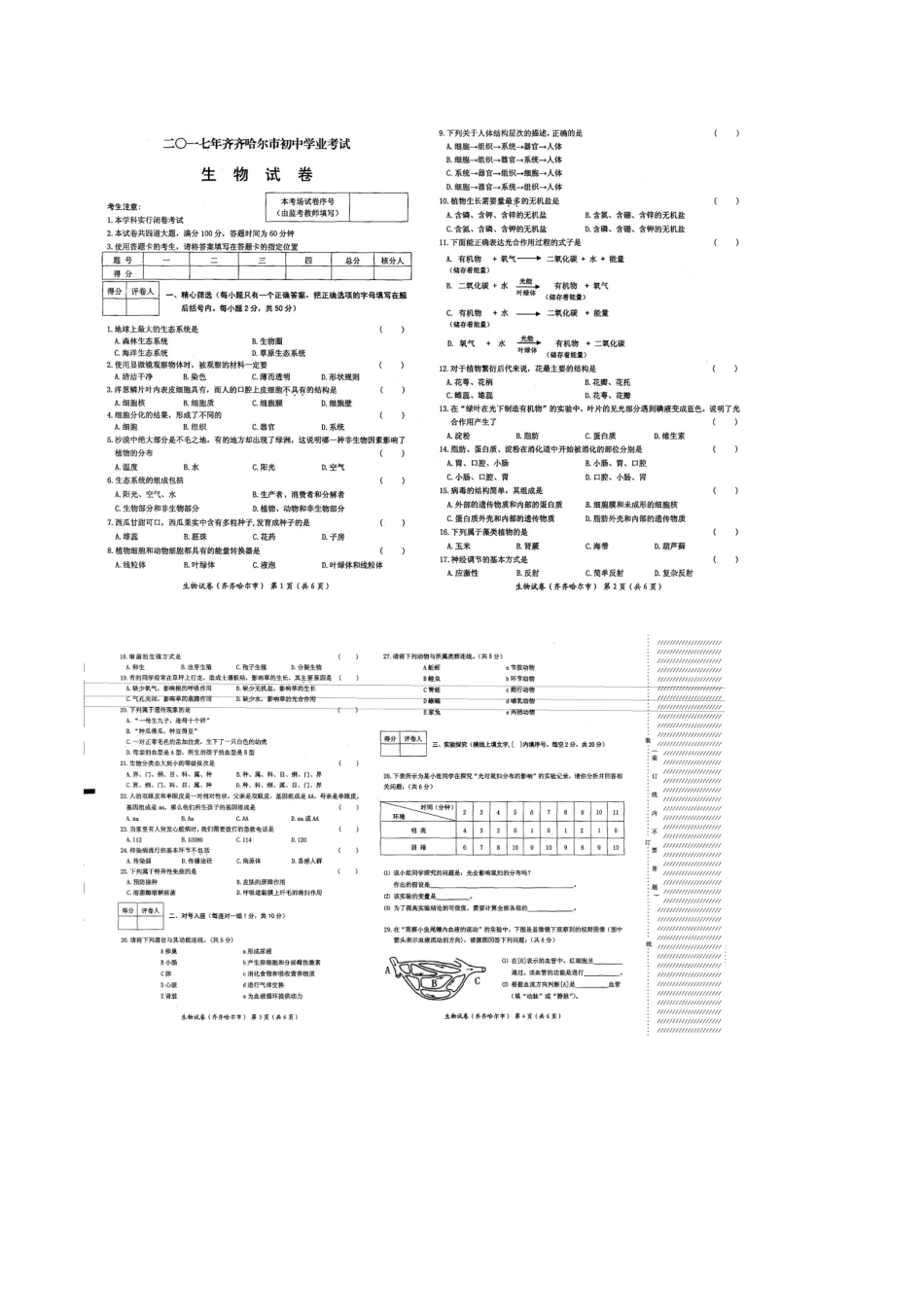 2017年齐齐哈尔市中考生物试卷及答案 _第1页