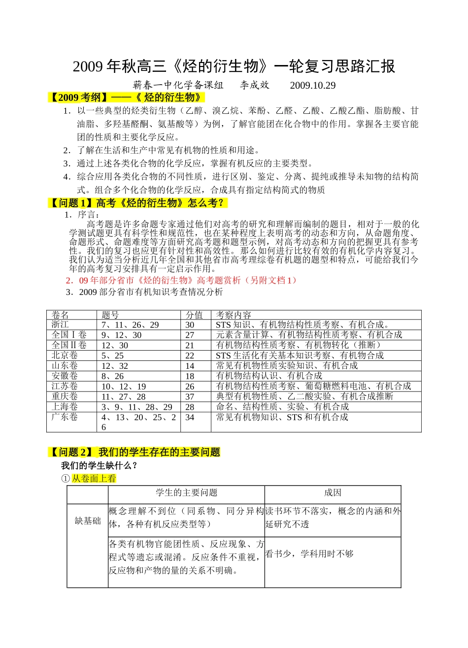 a2009年秋《烃的衍生物》一轮复习思路汇报doc--高中化学 _第1页