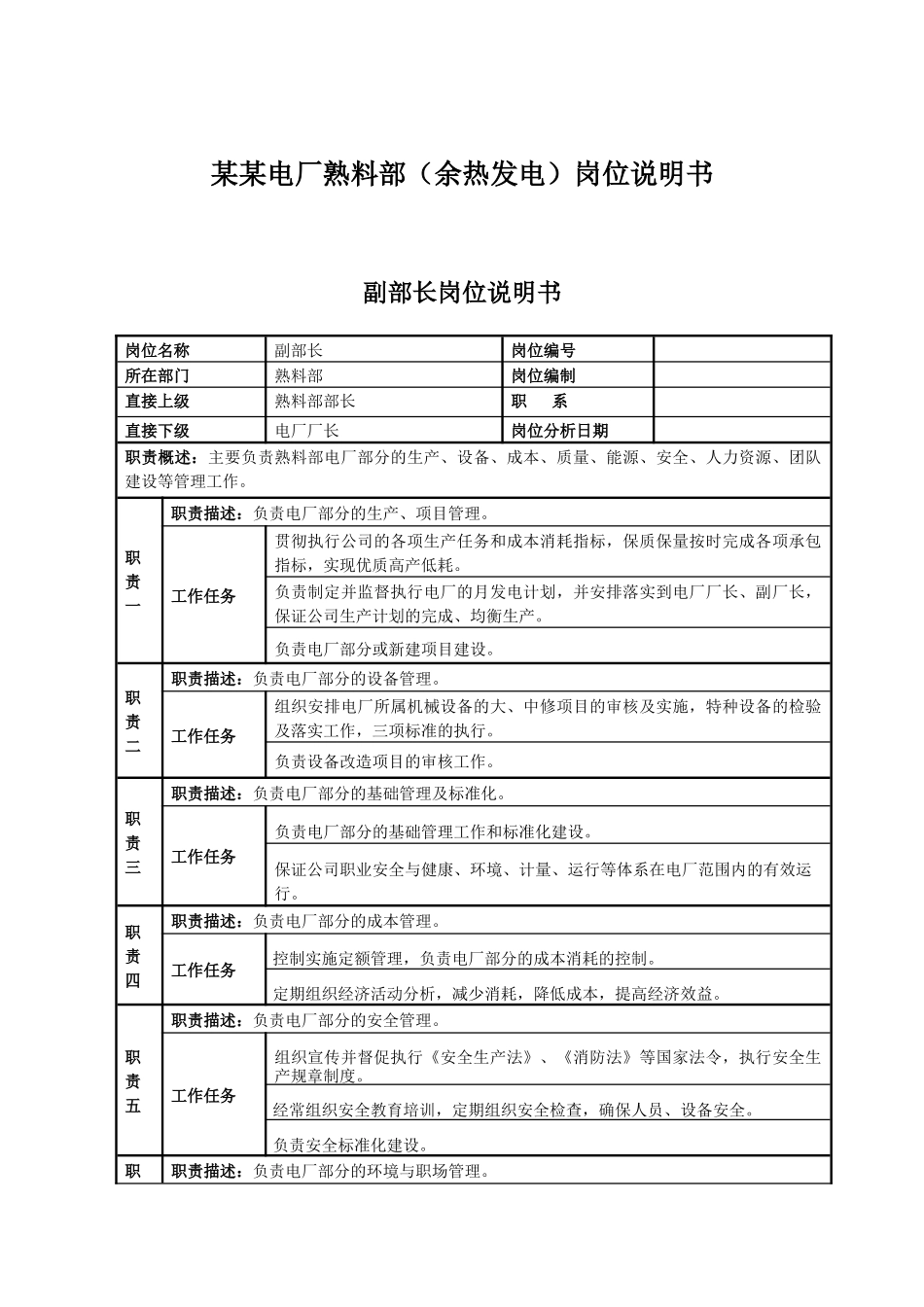 某某电厂熟料部（余热发电）岗位说明书_第1页