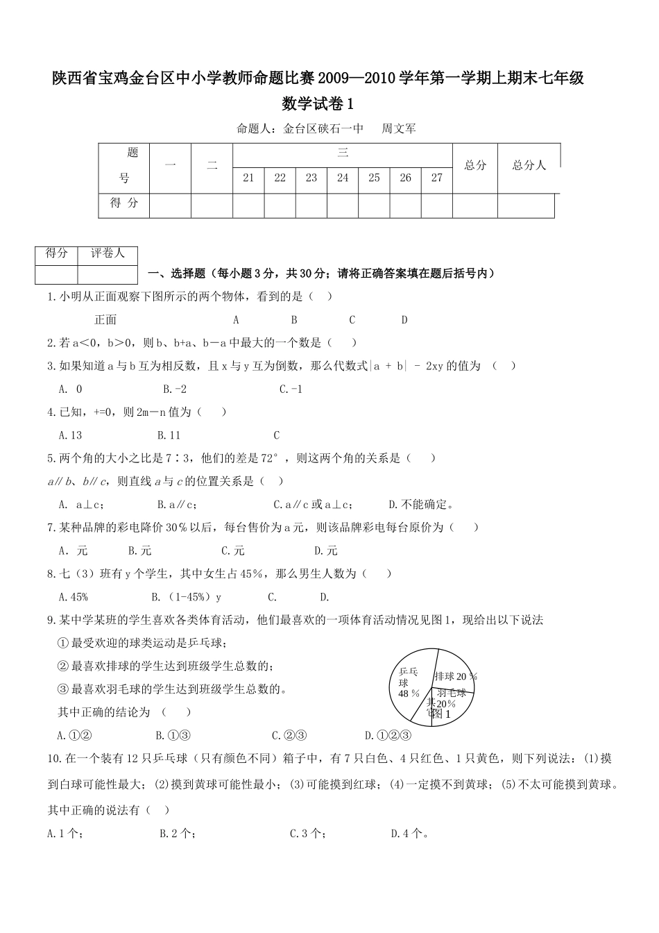 陕西宝鸡金台区中小学教师命题比赛0910七年级上期末试卷2 _第1页