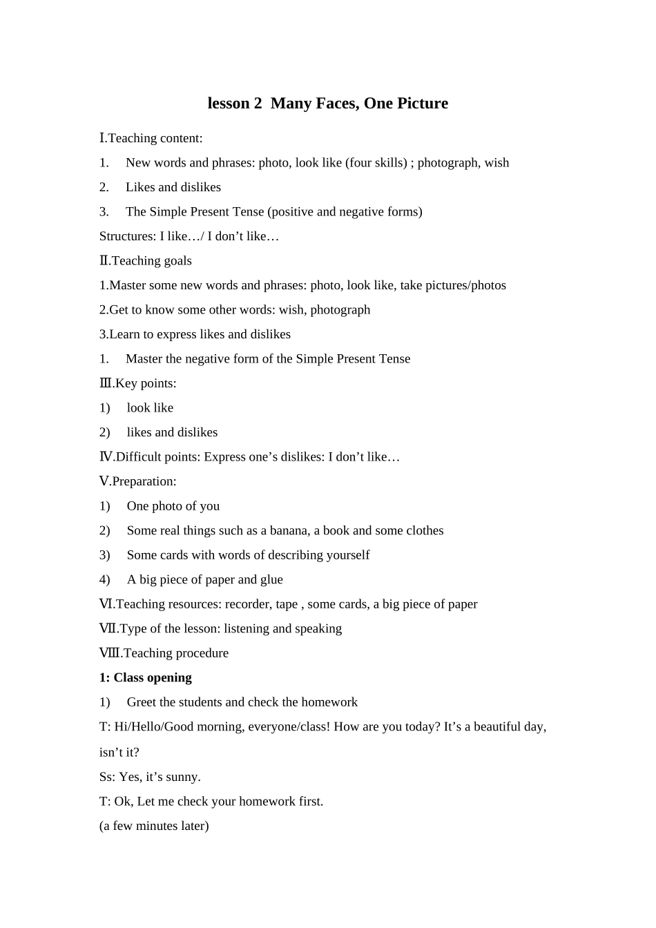 unit 1《me and my class》lesson 2 many faces, one picture教案（冀教版八年级上）doc--初中英语 _第1页