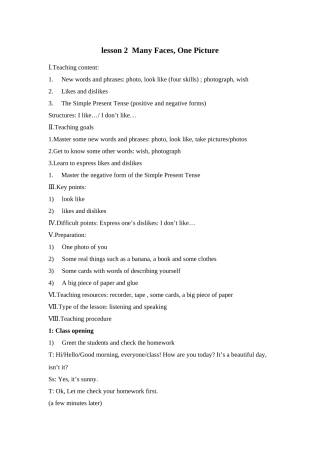 unit 1《me and my class》lesson 2 many faces, one picture教案（冀教版八年级上）doc--初中英语 
