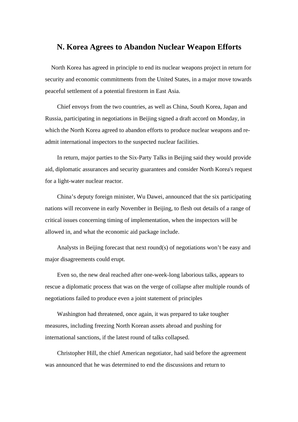 n. korea agrees to abandon nuclear weapon effortsdoc--初中英语 _第1页