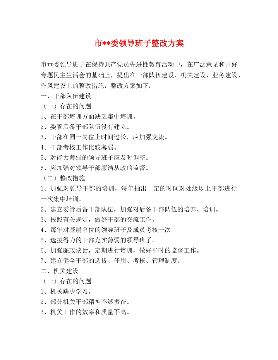 市--委领导班子整改方案 _第1页