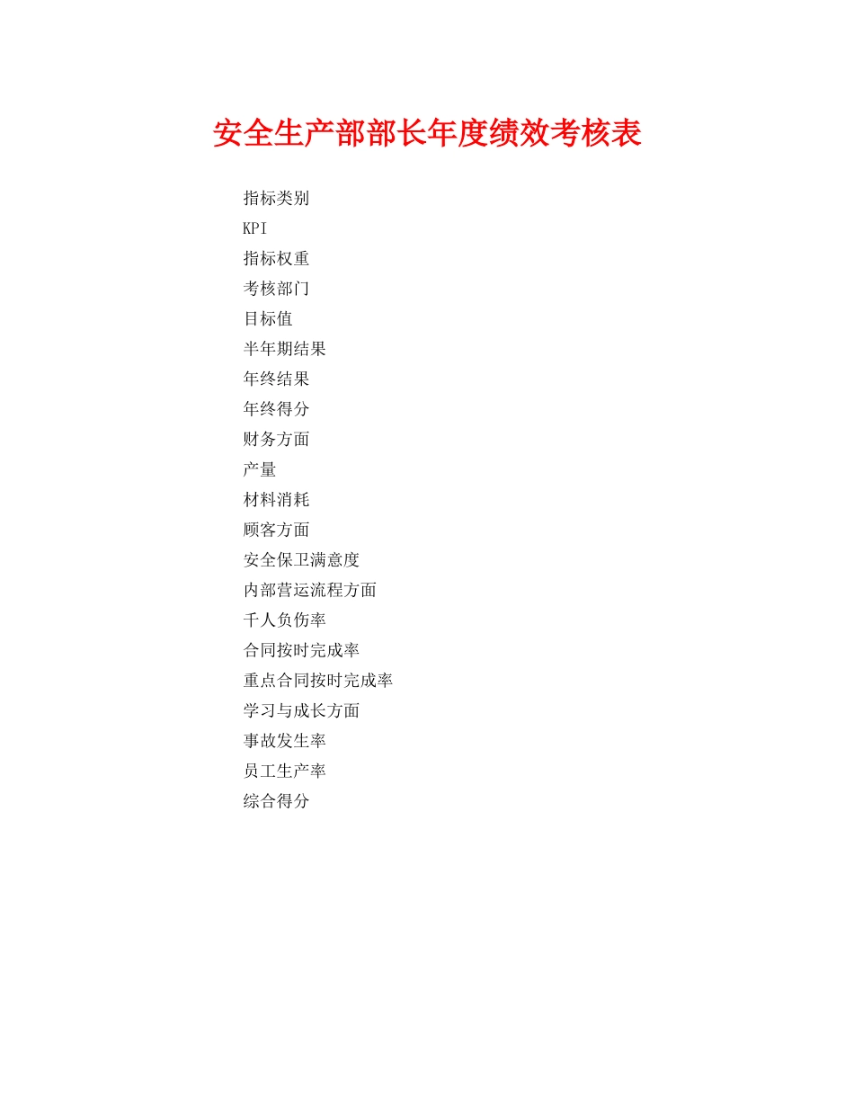 《安全管理》之安全生产部部长年度绩效考核表 _第1页
