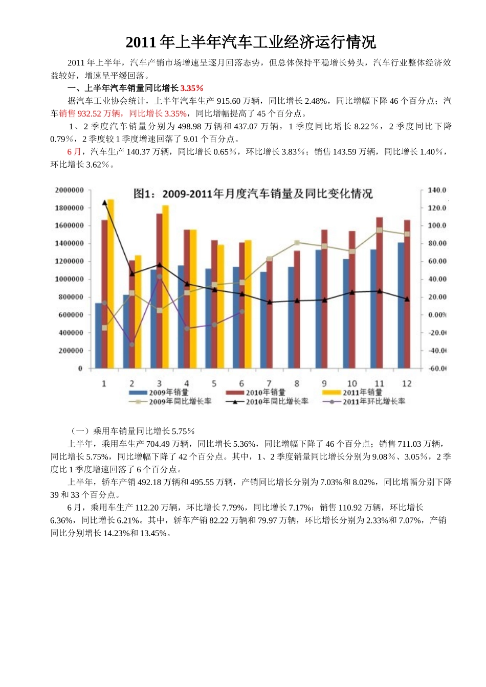 XXXX年上半年以及6月份汽车产销及经济运行情况_第1页