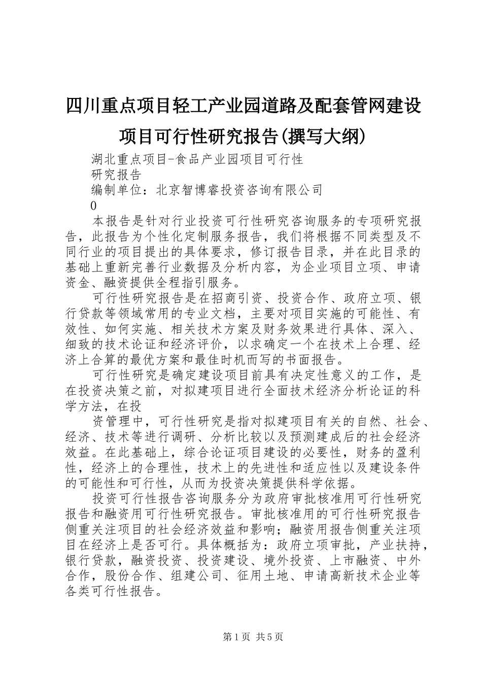 四川重点项目轻工产业园道路及配套管网建设项目可行性研究报告(撰写大纲)1 _第1页
