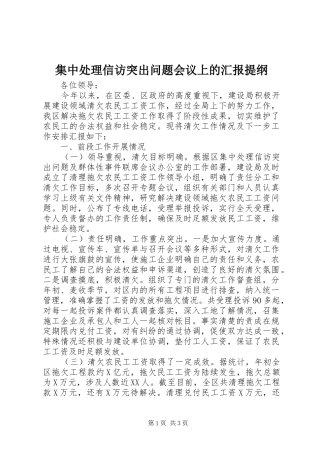 集中处理信访突出问题会议上的汇报提纲 