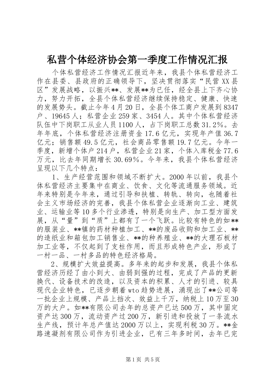 私营个体经济协会第一季度工作情况汇报 _第1页