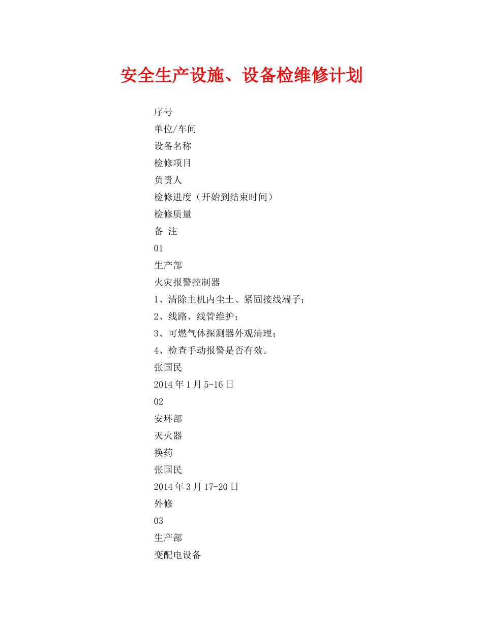 《安全管理文档》之安全生产设施、设备检维修计划 _第1页