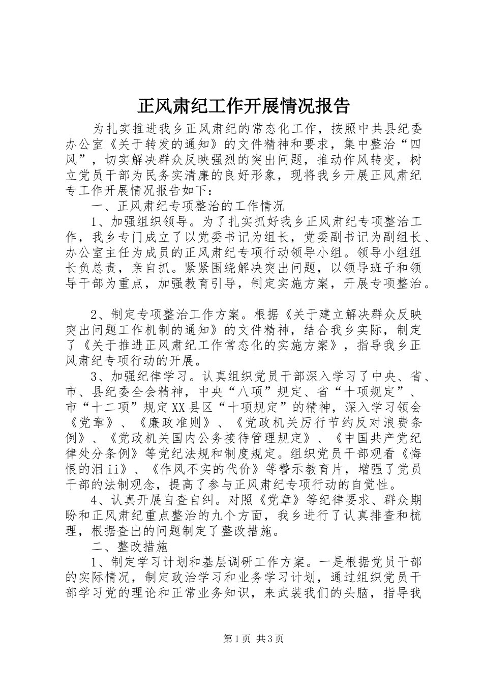 正风肃纪工作开展情况报告 _第1页