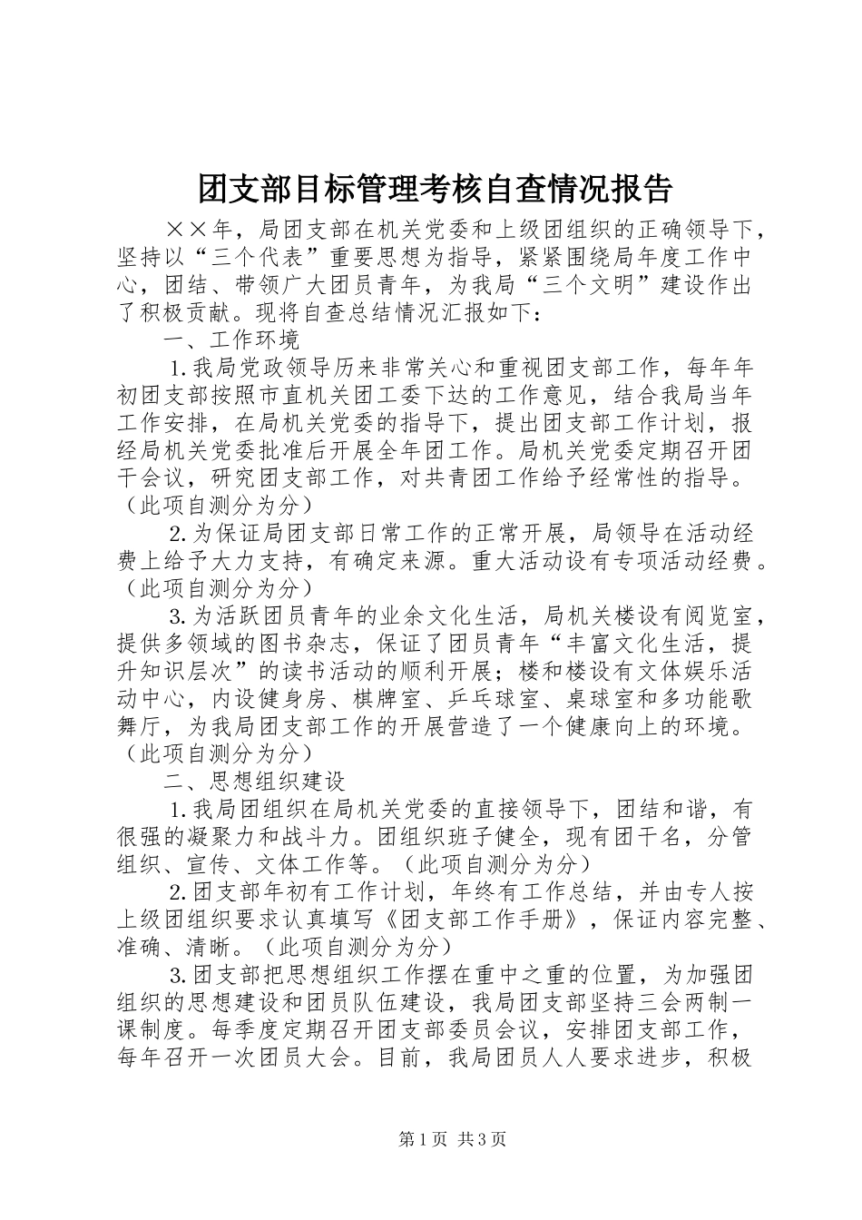 团支部目标管理考核自查情况报告 _第1页