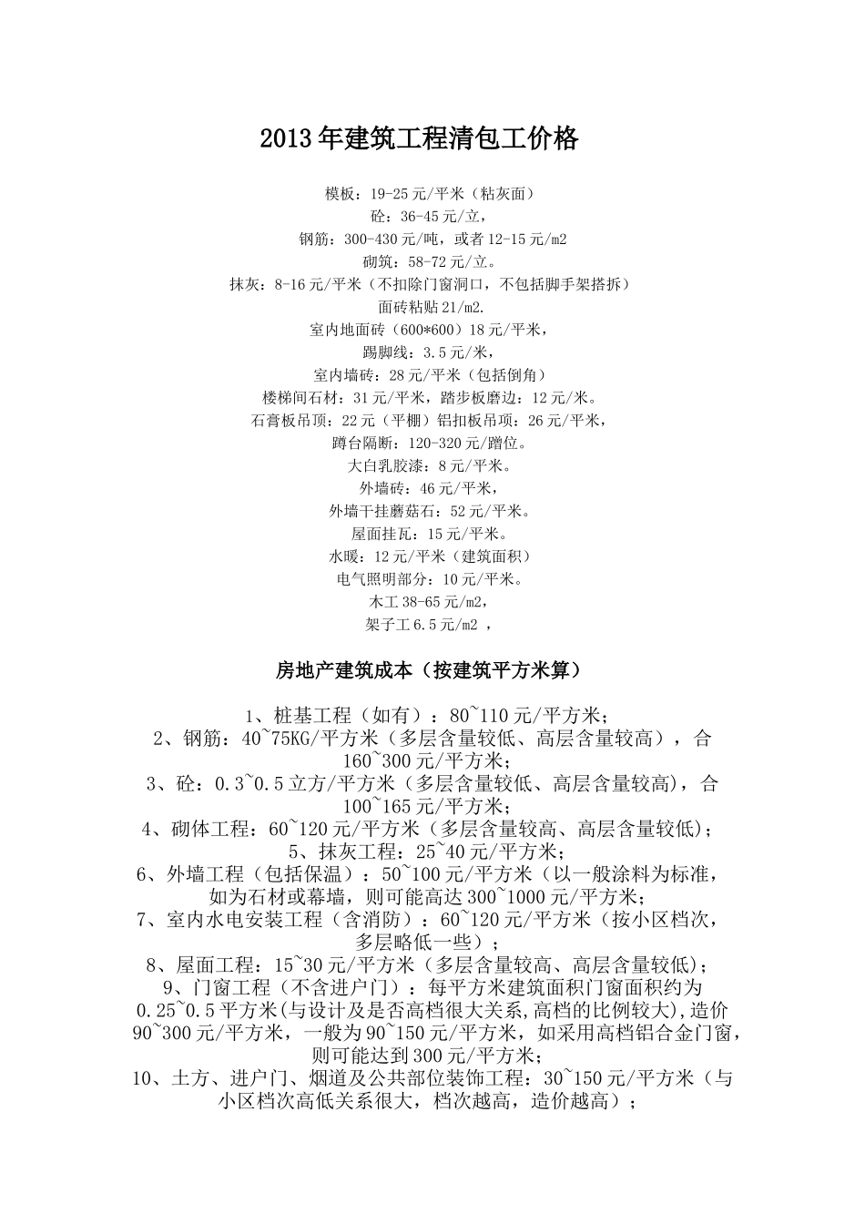 XXXX年工程清包工价格、房地产建筑成本_第1页